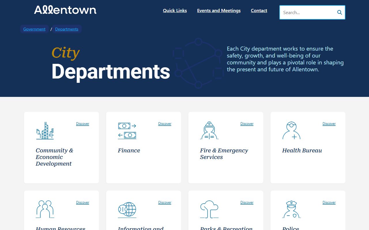 Allentown city departments page showing municipal offices and public services