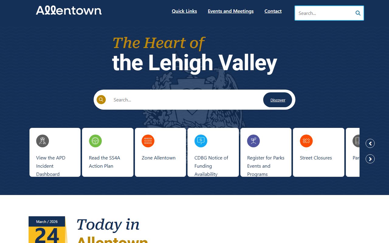 Allentown official city website showing the Heart of the Lehigh Valley government services