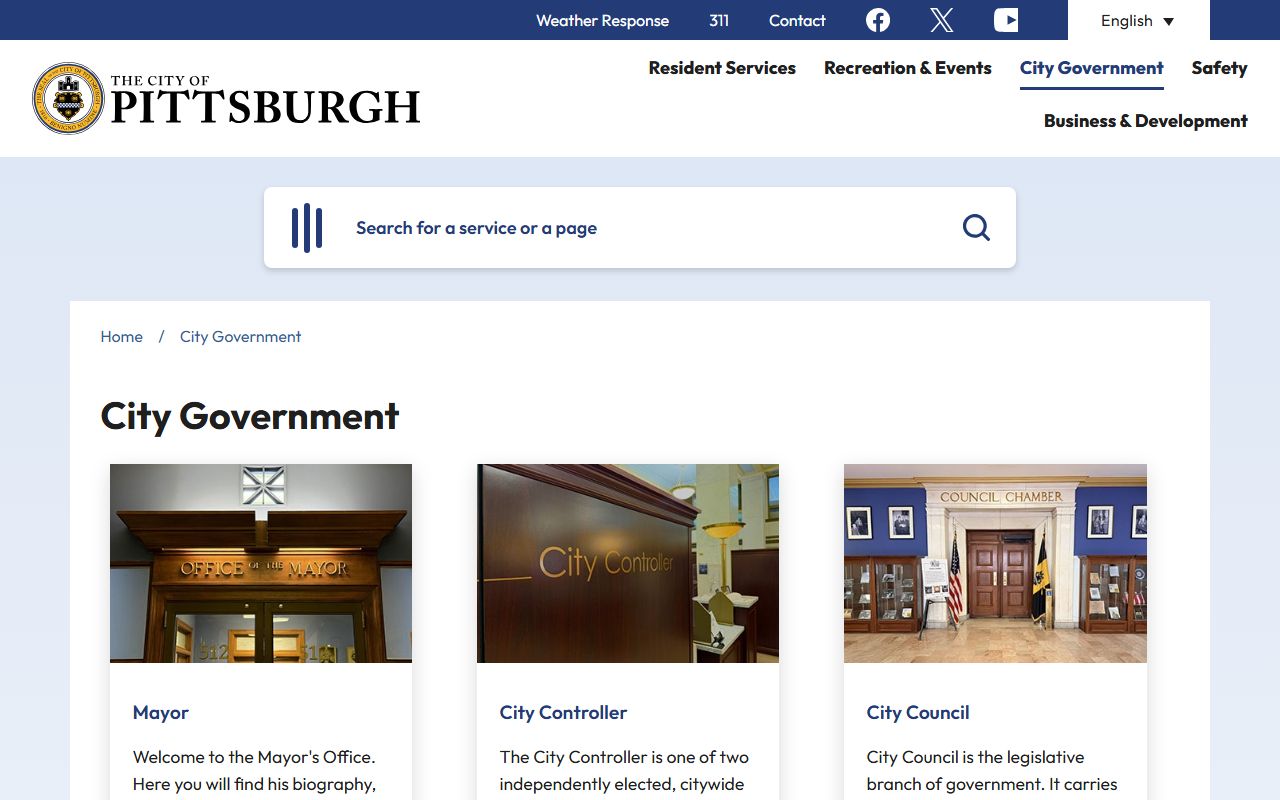 Pittsburgh city government page showing administration and public services
