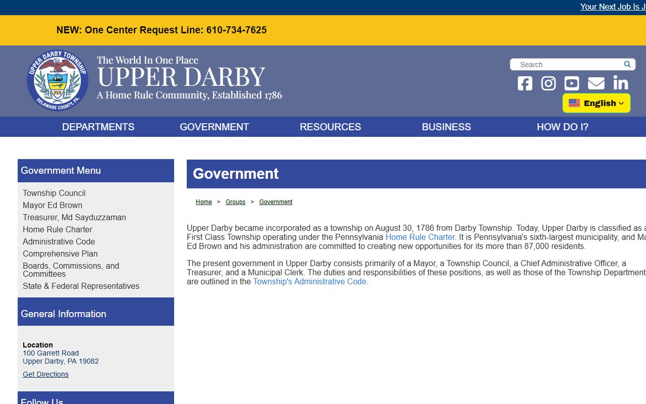 Upper Darby township government page for divorce records reference