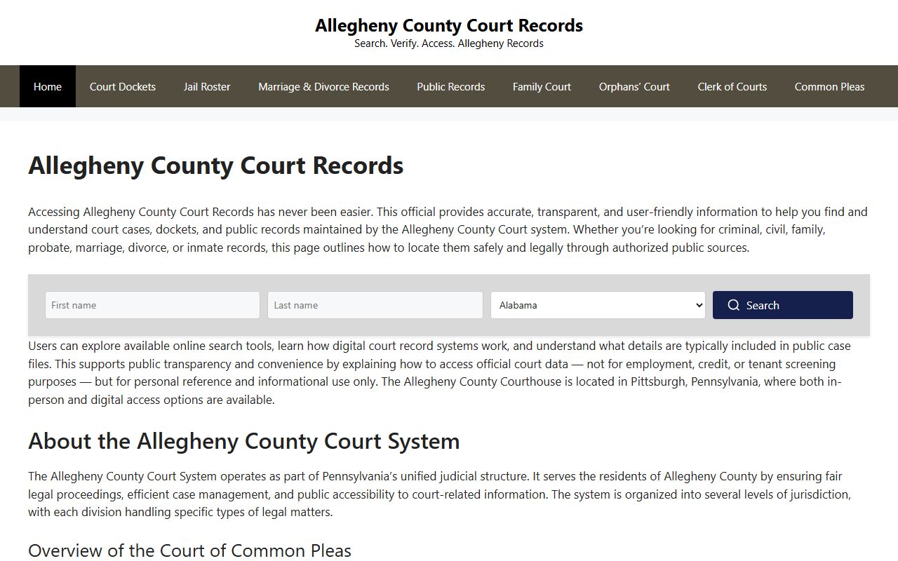 Allegheny County court records portal for divorce case lookup