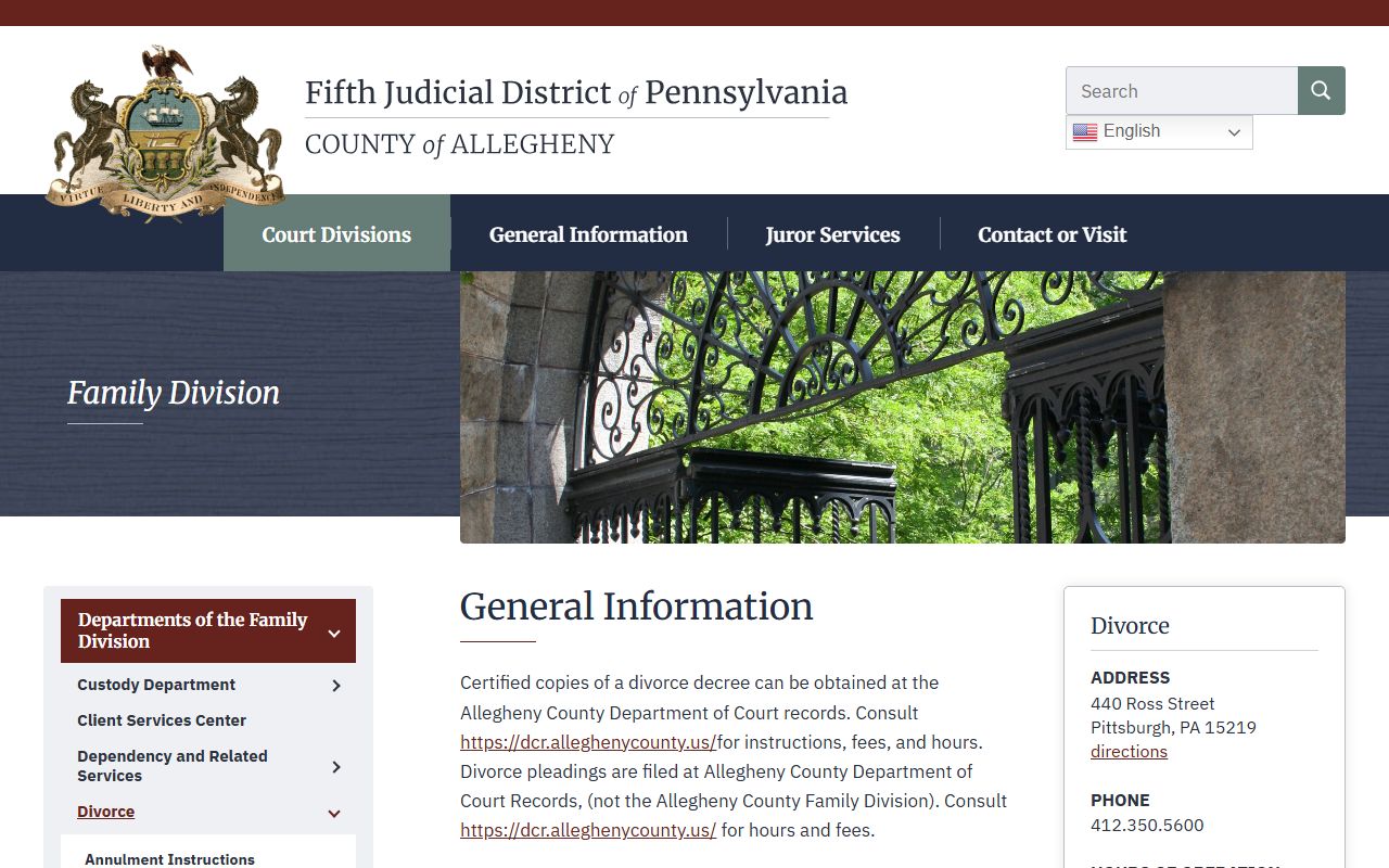 Allegheny County Family Division divorce department page