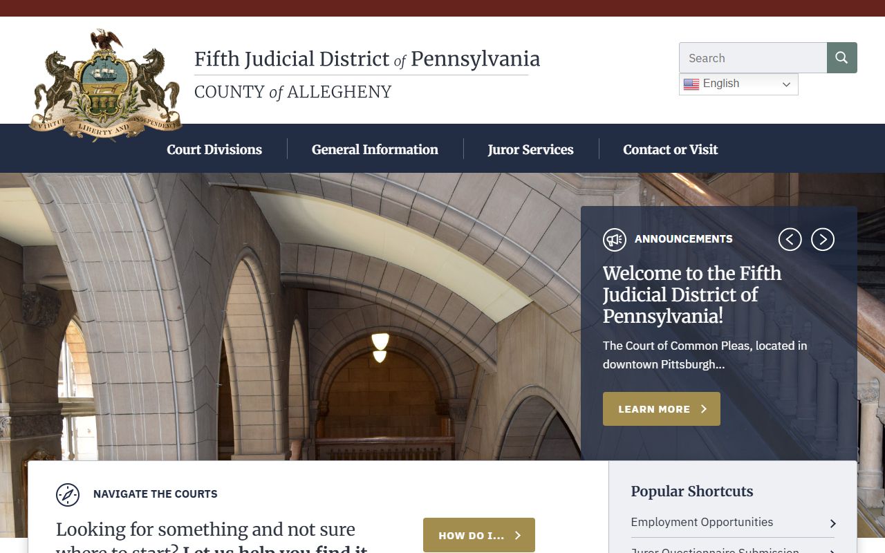Allegheny County Courts Fifth Judicial District website for divorce records