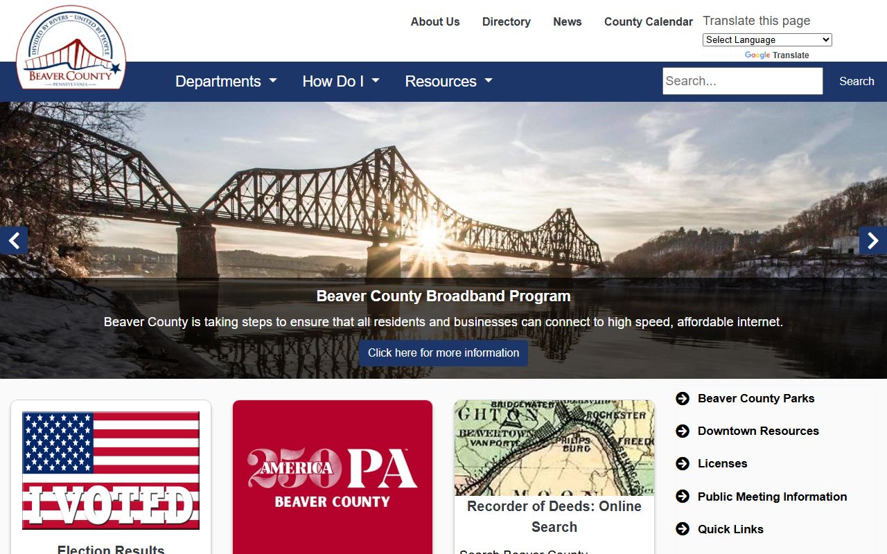 Beaver County government website showing public services and court resources