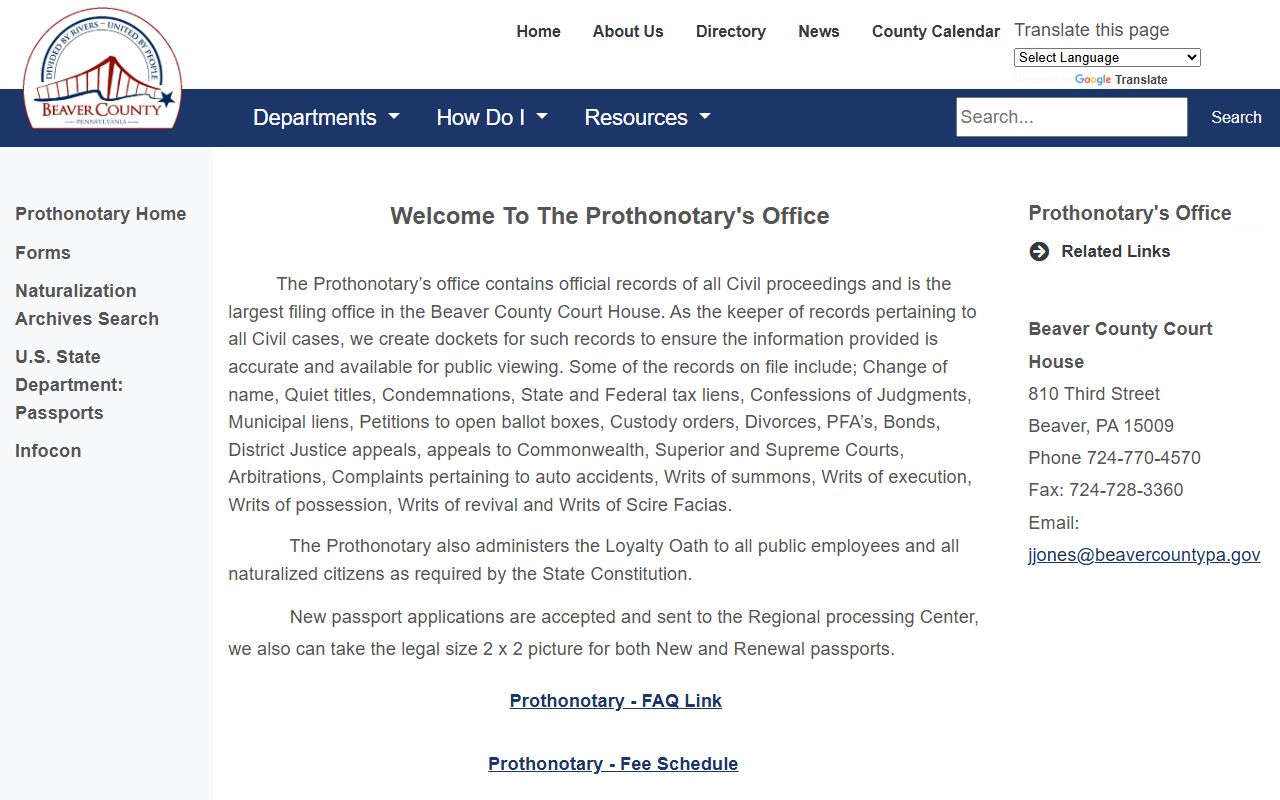 Beaver County Prothonotary office page for divorce records requests