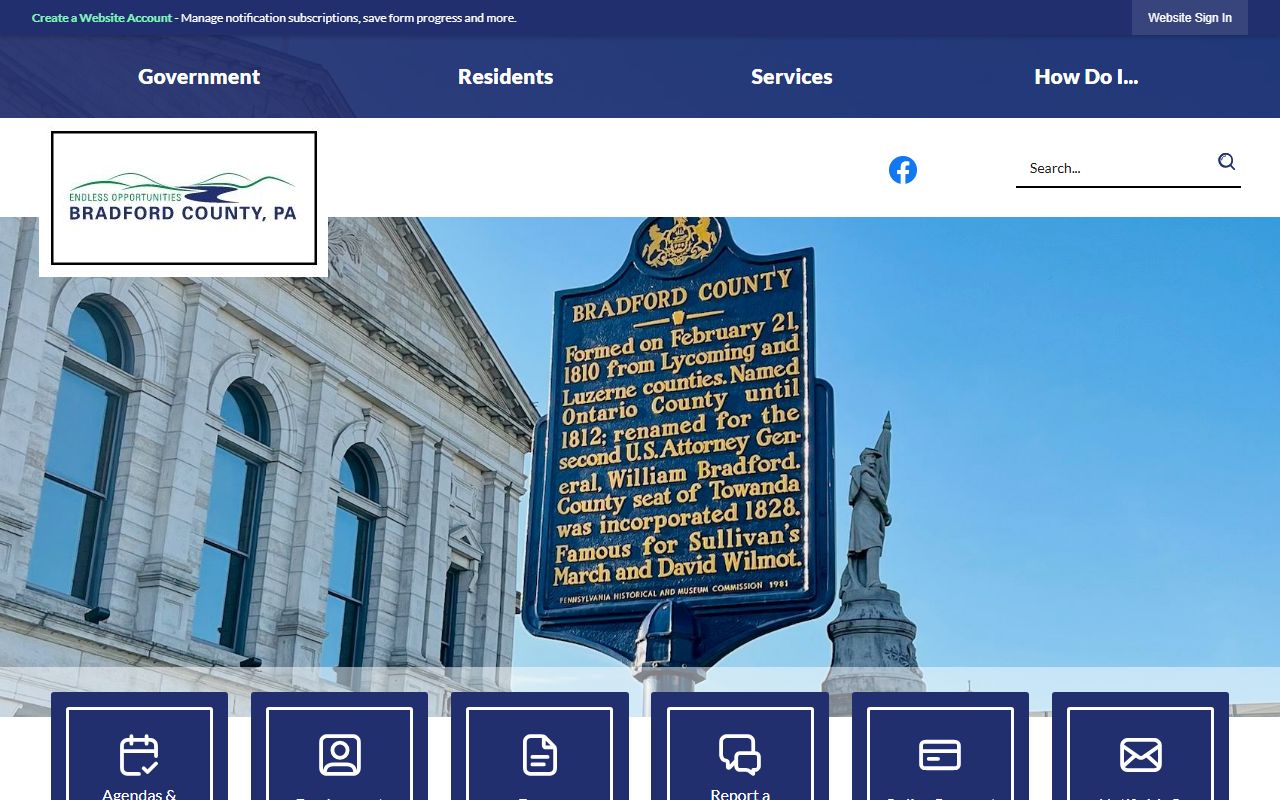Bradford County official website showing government services and court records access