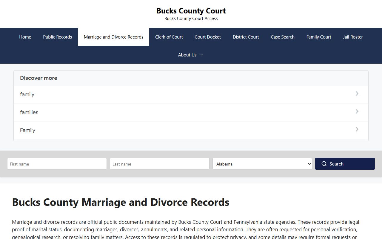 Bucks County Courts marriage and divorce records information page