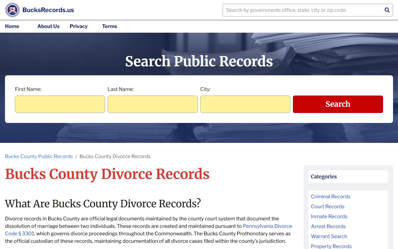 Bucks County divorce records search resource page