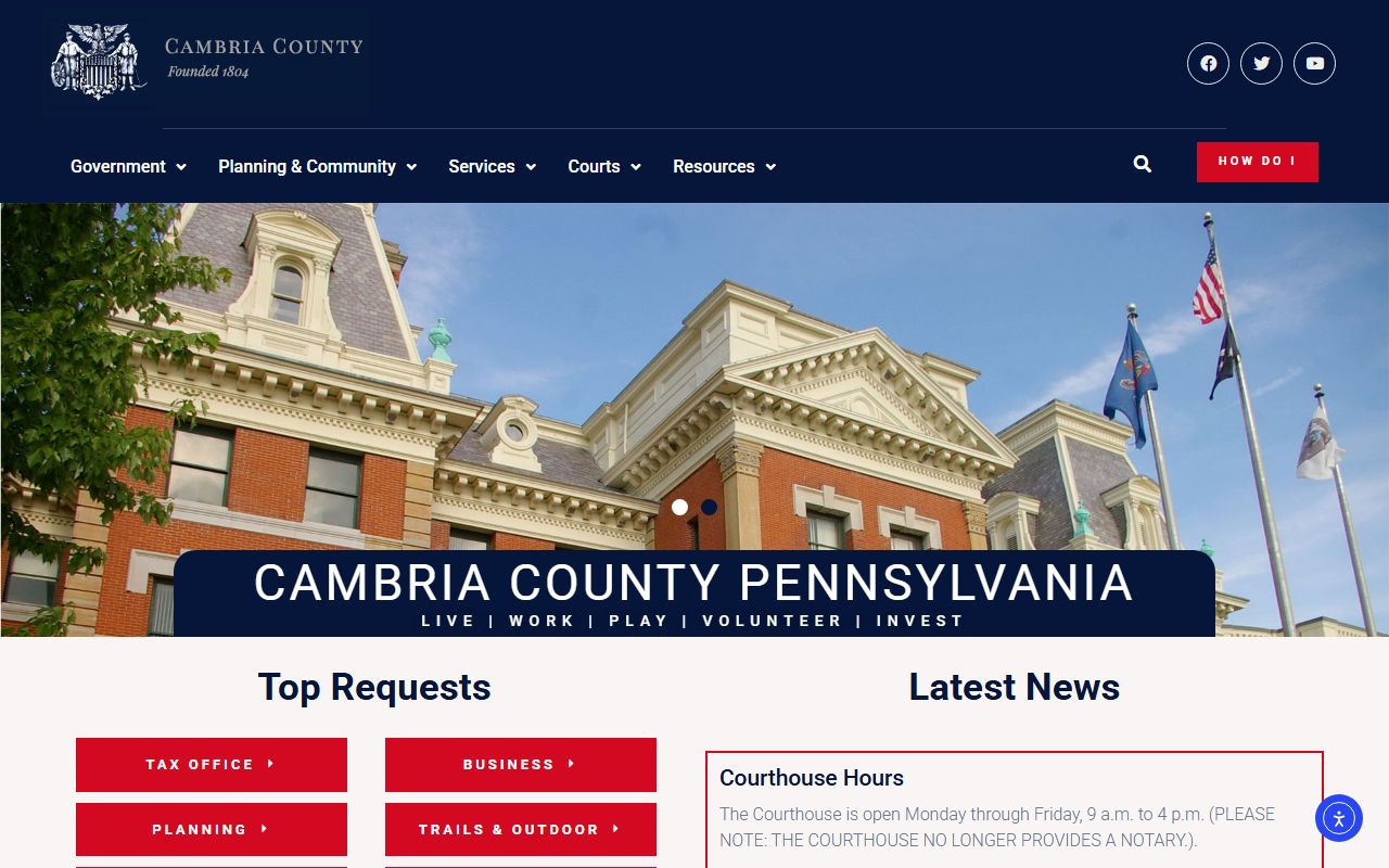 Cambria County official website showing government services and court information
