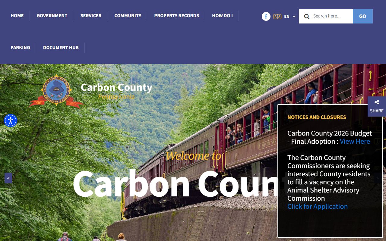Carbon County official website showing government departments and court records resources