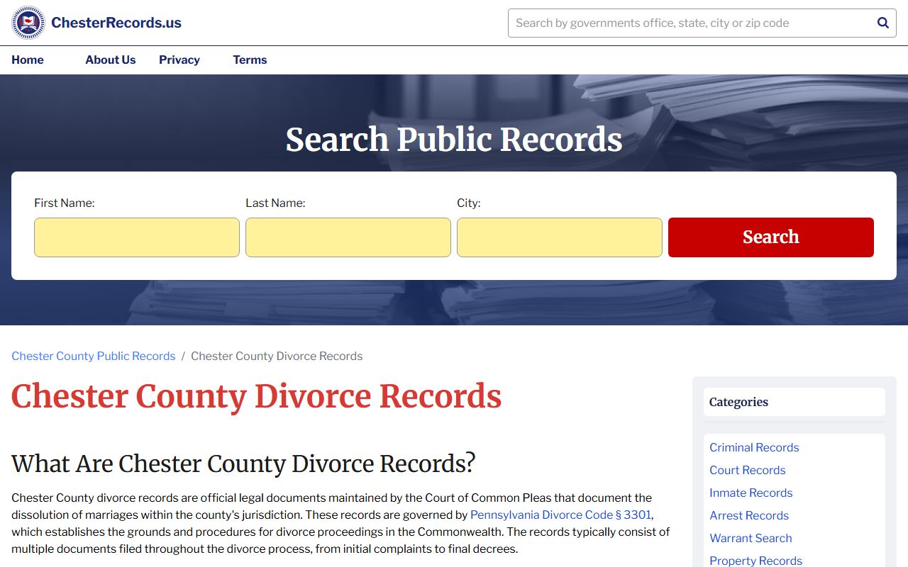 Chester County divorce records search resource page