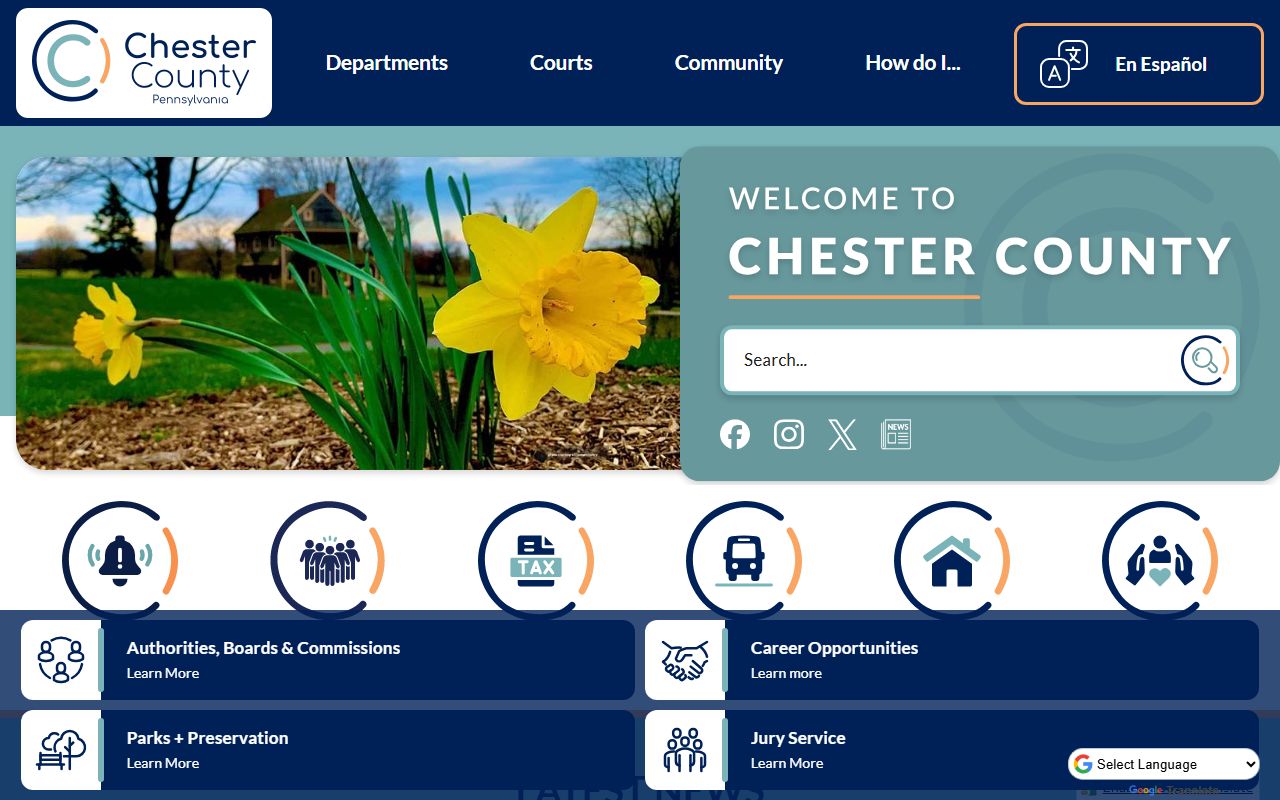 Chester County official website showing government services and court information