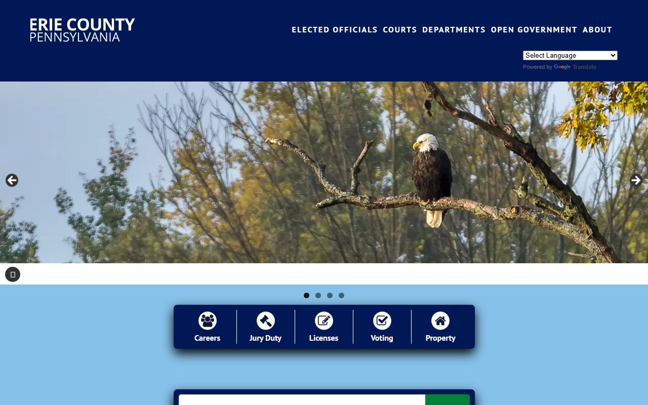 Erie County official government website showing court services and Open Government resources