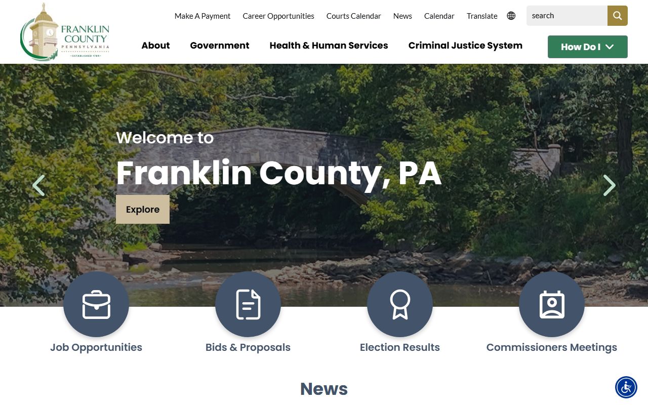 Franklin County official government website showing public services and announcements
