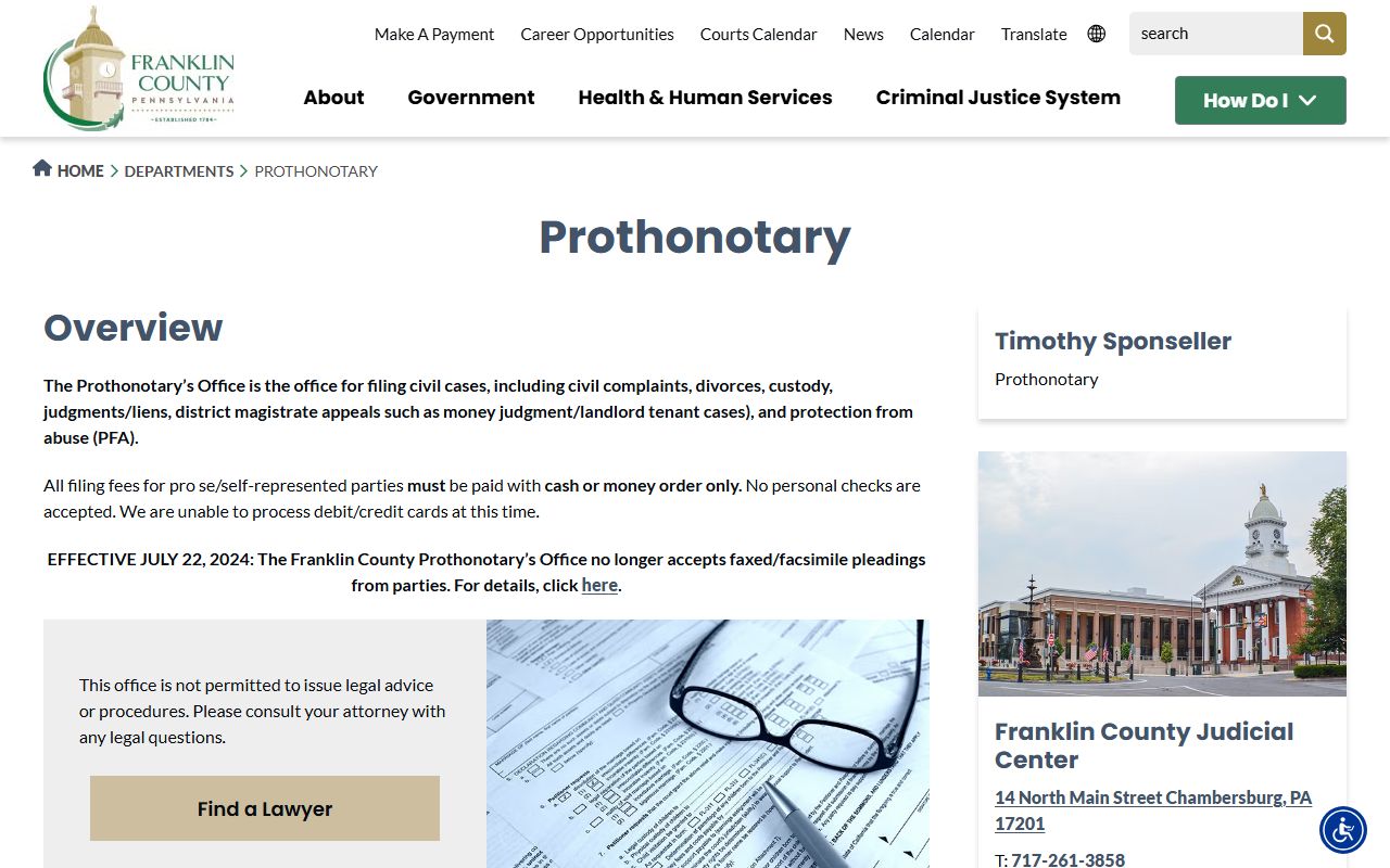 Franklin County Prothonotary office website for divorce records requests in Chambersburg