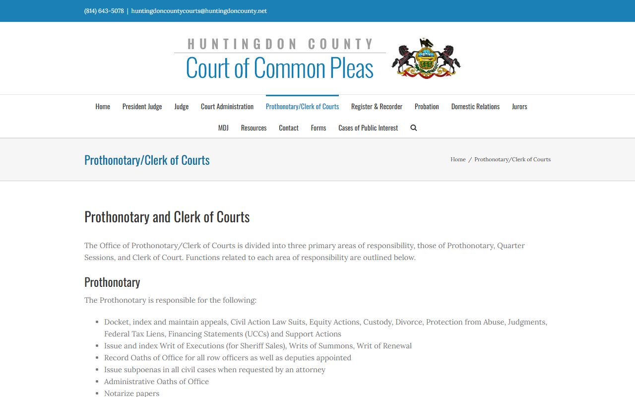 Huntingdon County Prothonotary and Clerk of Courts website for divorce records