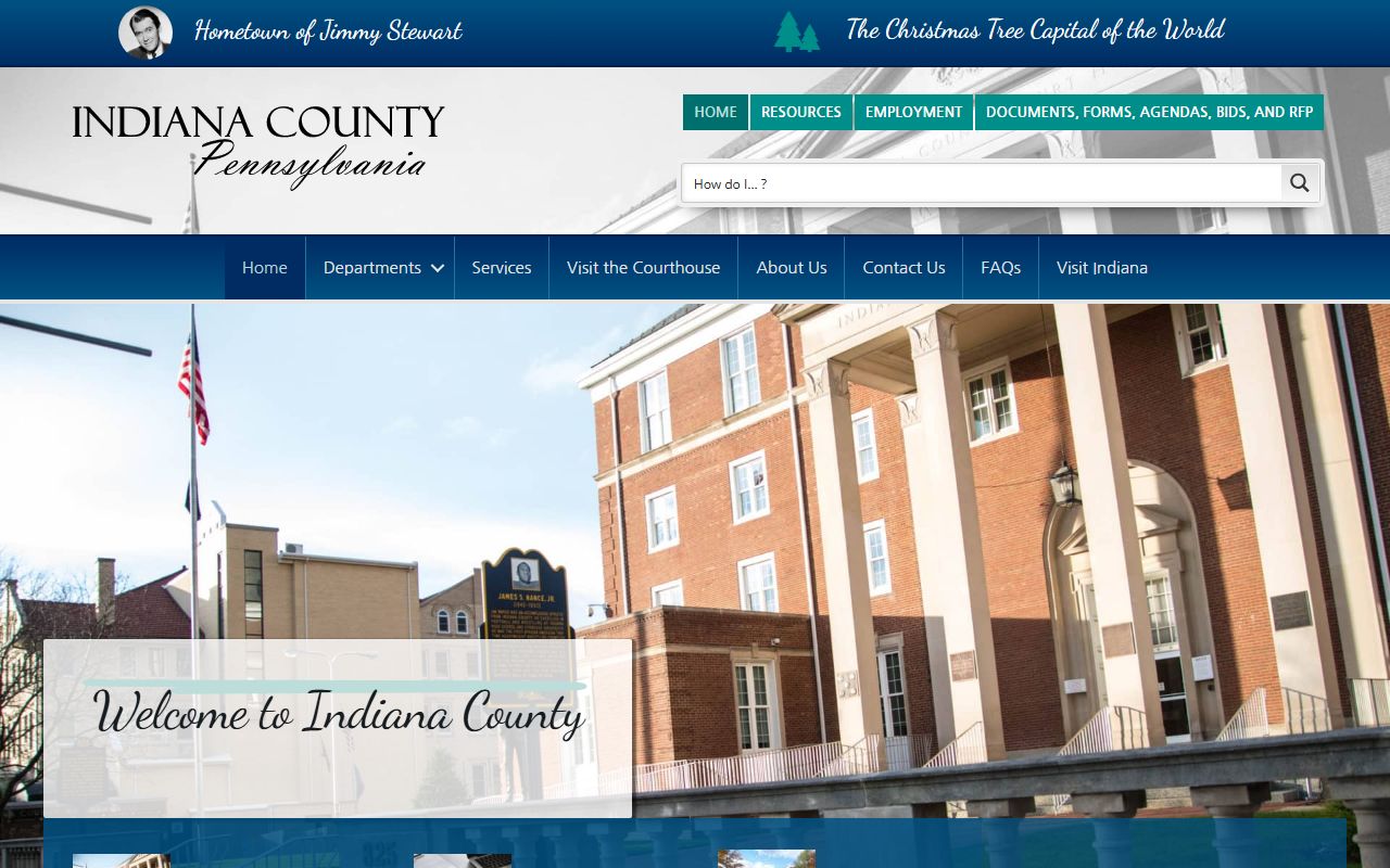 Indiana County official website showing government services in the Hometown of Jimmy Stewart