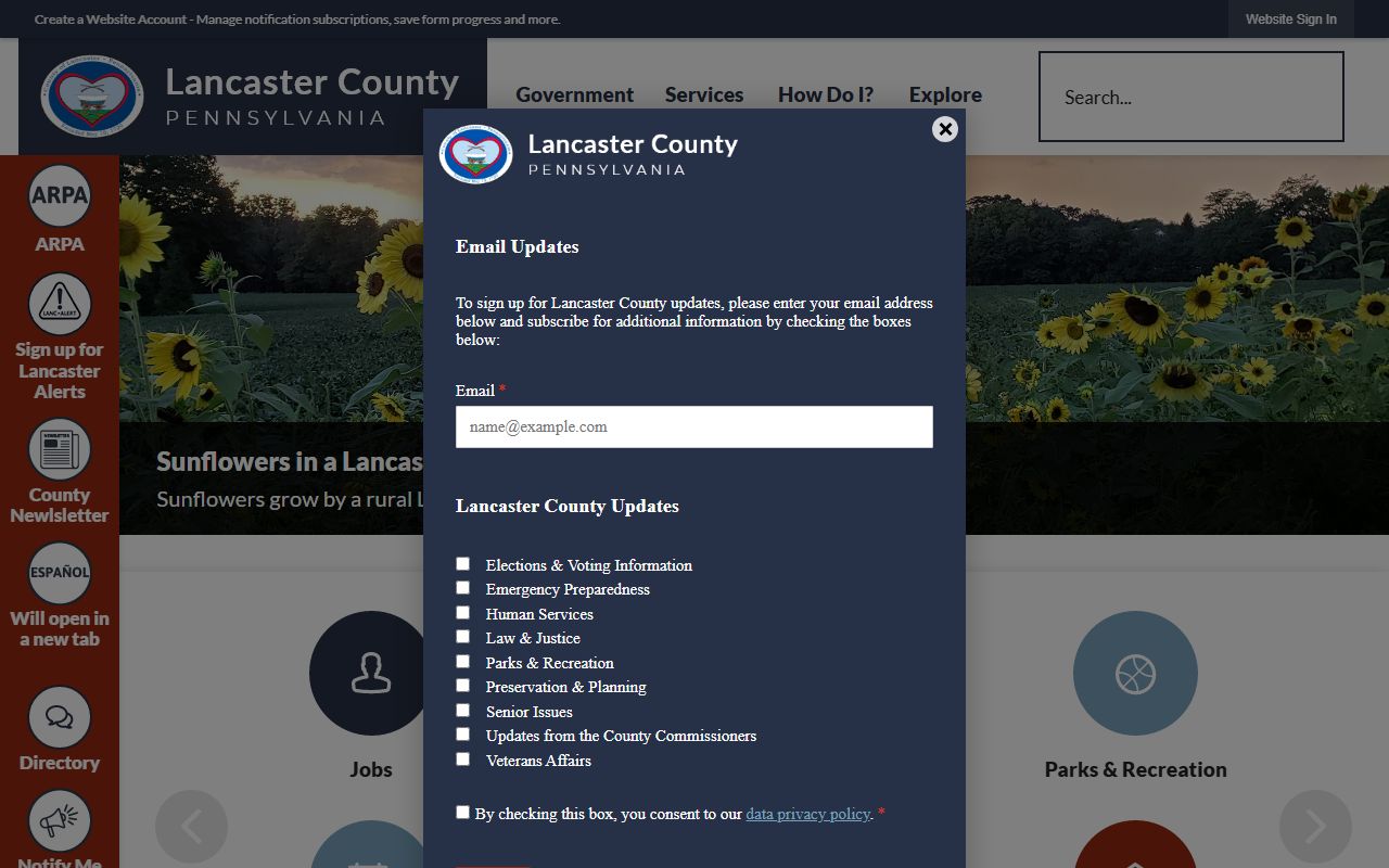 Lancaster County official website showing Board of Commissioners and government services