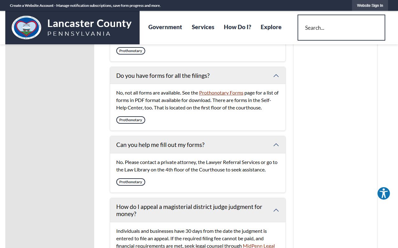 Lancaster County Prothonotary FAQ page for divorce records questions and procedures