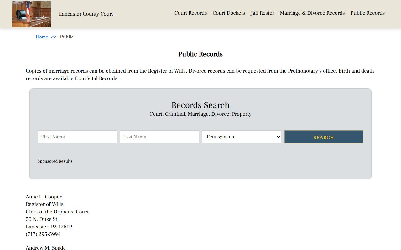 Lancaster County public records portal showing divorce record access information