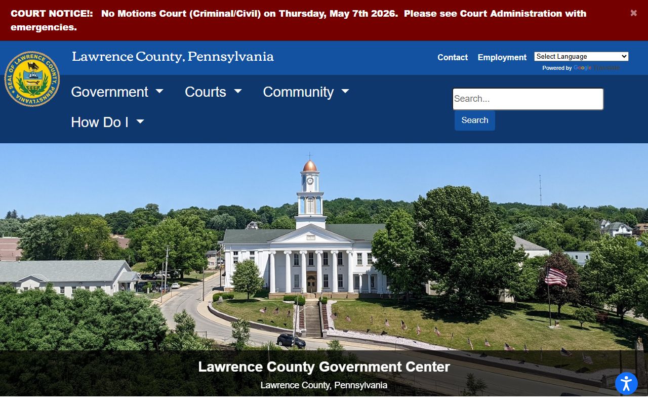 Lawrence County government website showing public services and court information in New Castle