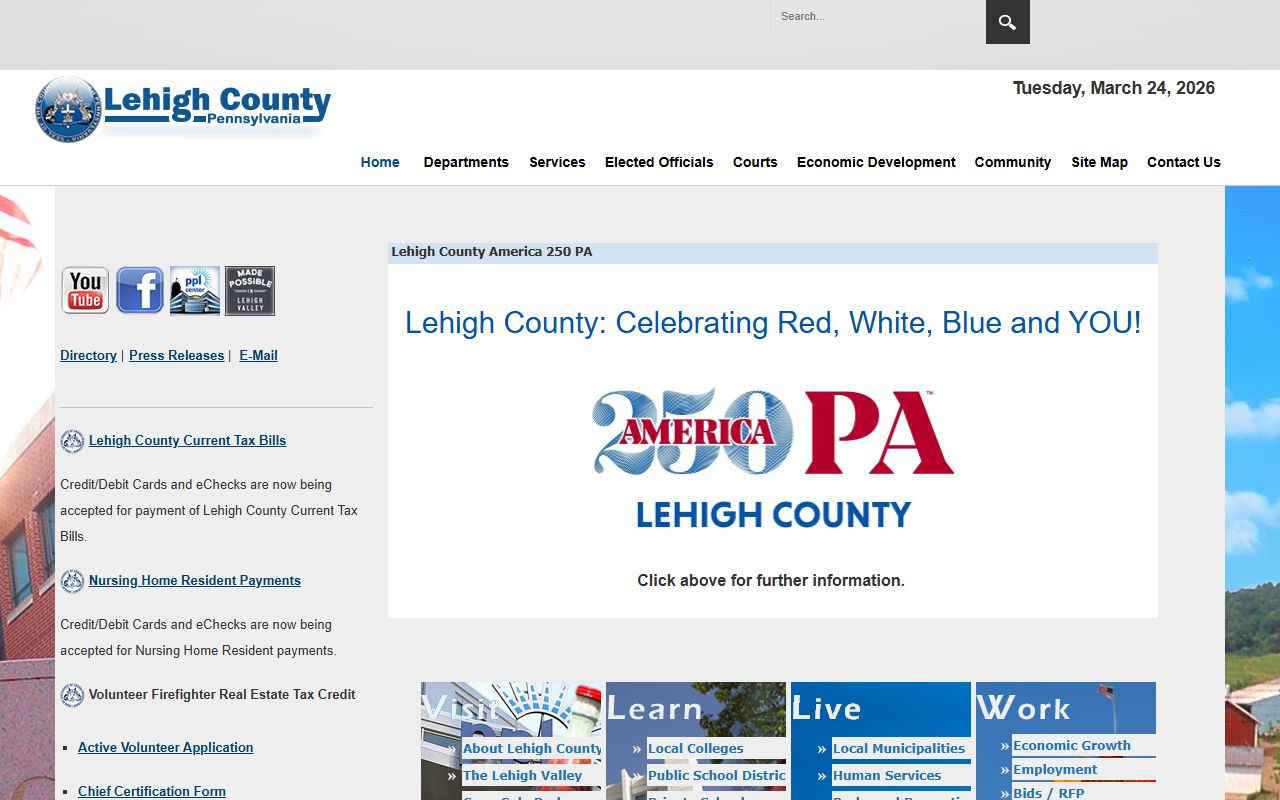 Lehigh County official website in the Lehigh Valley showing online tax payment and public records services
