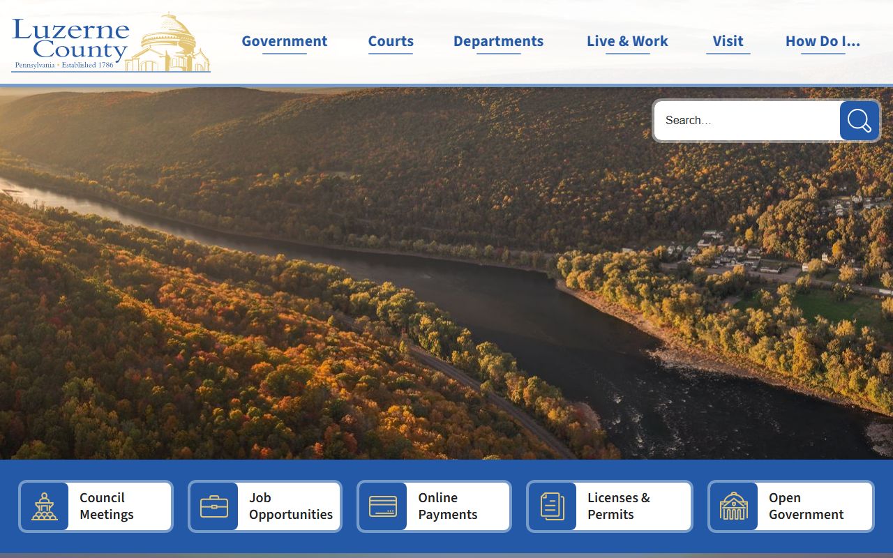Luzerne County official website showing government services and public notices in Wilkes-Barre
