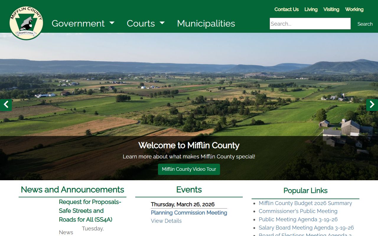 Mifflin County official website showing commissioner meetings and public records information
