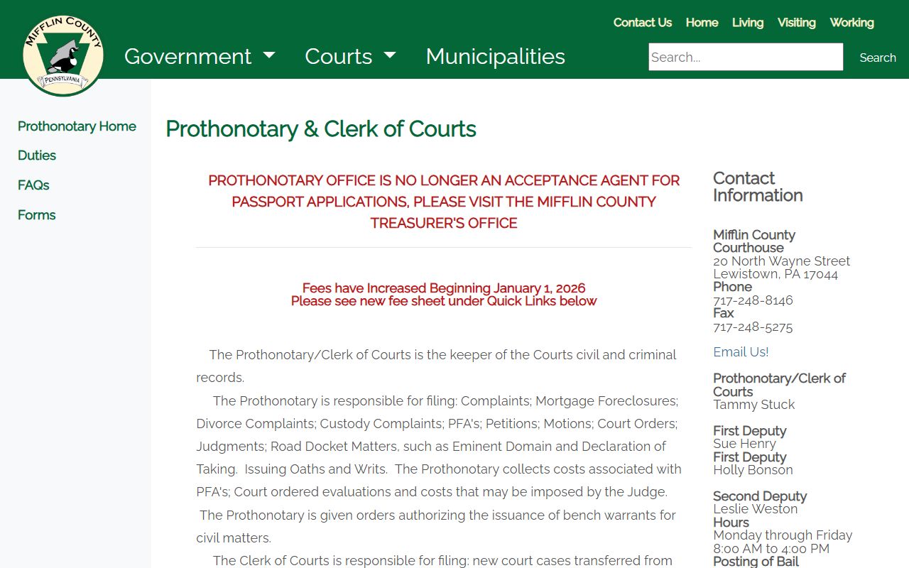 Mifflin County Prothonotary office website for divorce records in Lewistown
