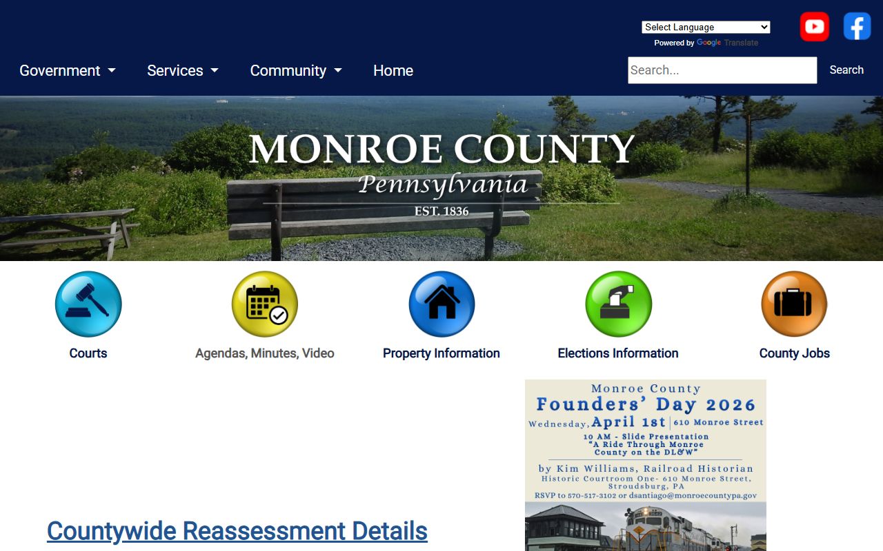 Monroe County official website in the Pocono Mountains region showing government services and property reassessment