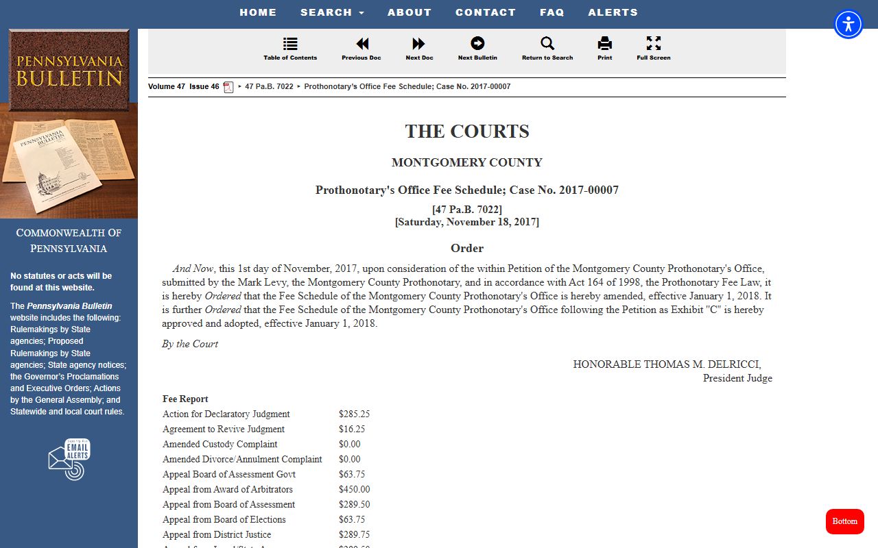 Montgomery County Prothonotary fee schedule from the Pennsylvania Bulletin