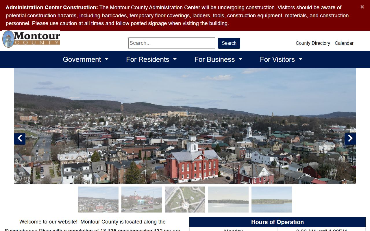 Montour County government website showing public services and courthouse information in Danville