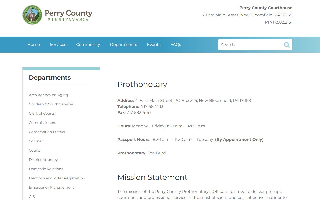Perry County Prothonotary office page at perryco.org showing divorce records services