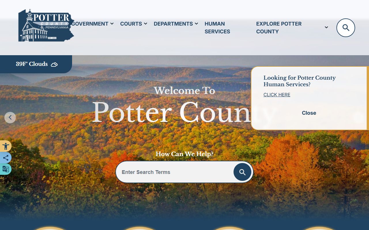 Potter County 'God's Country' official website showing government services in north central Pennsylvania