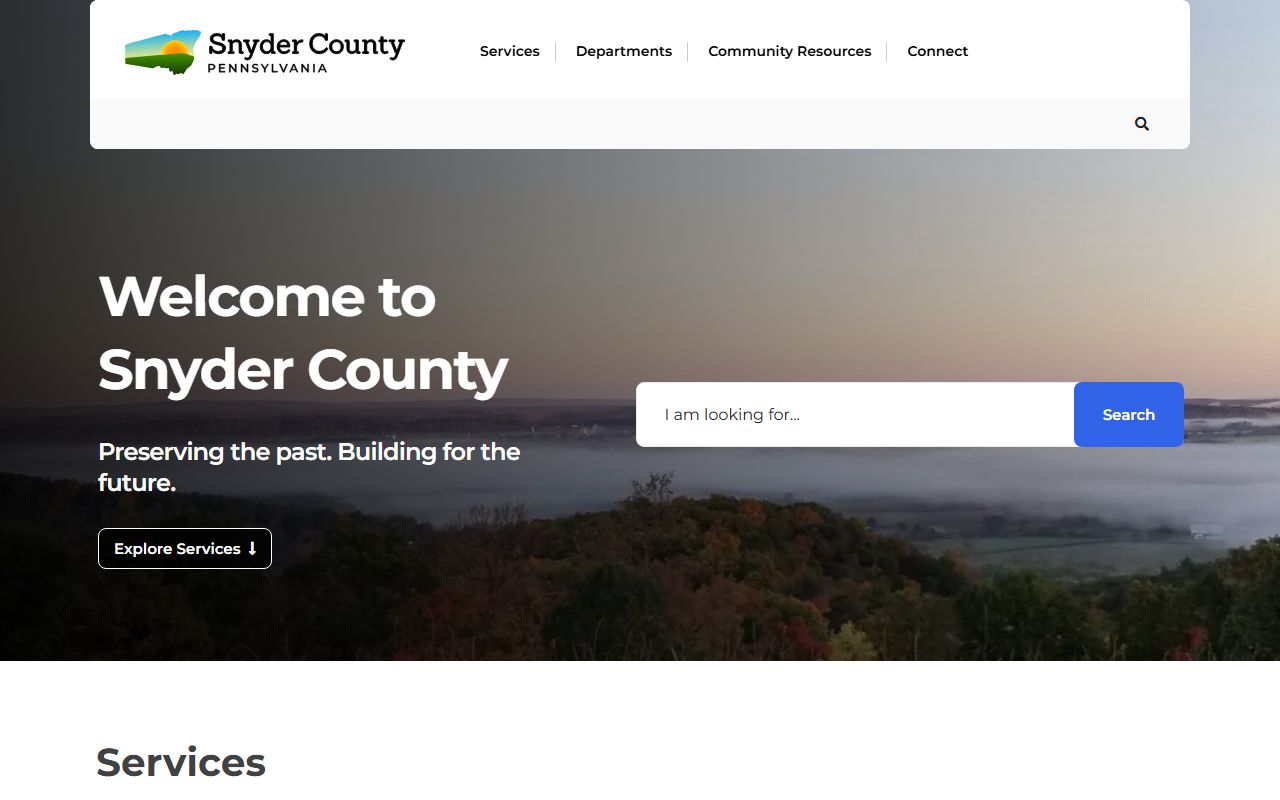 Snyder County official website showing commissioner meetings and courthouse holiday schedule