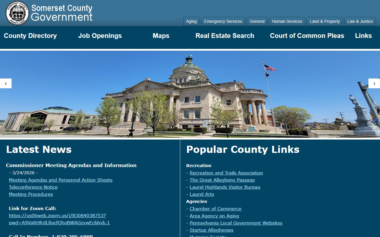 Somerset County official website showing commissioner meetings, courthouse holidays, and public services