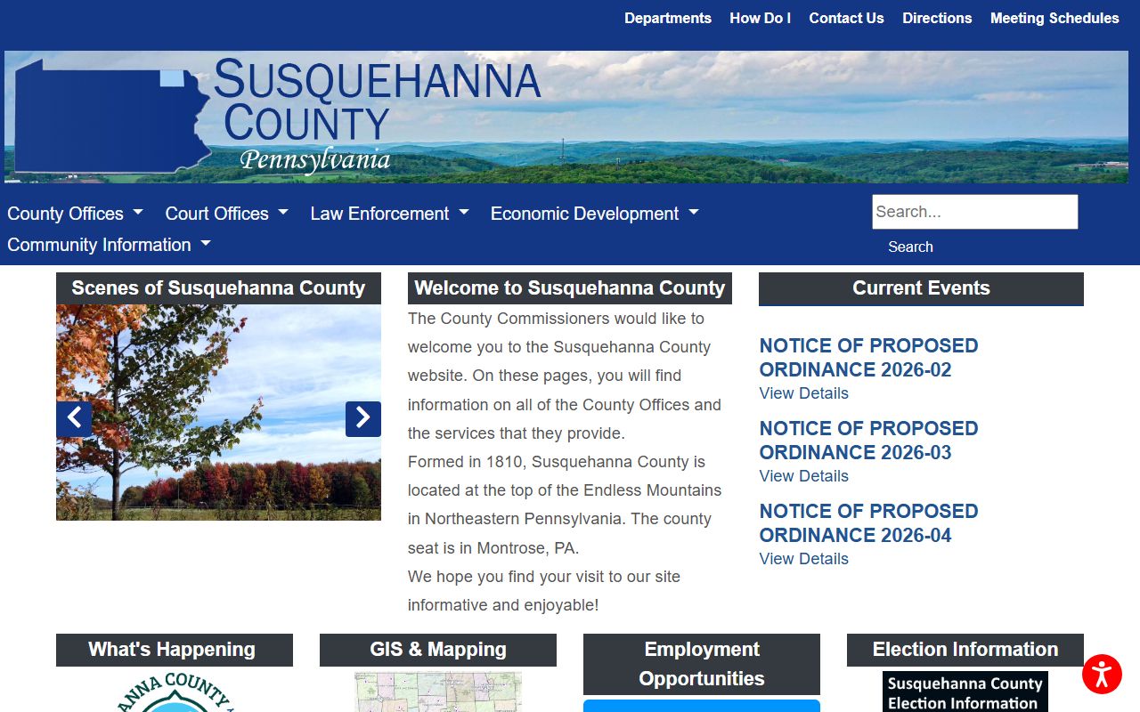 Susquehanna County official website showing Endless Mountains region government services