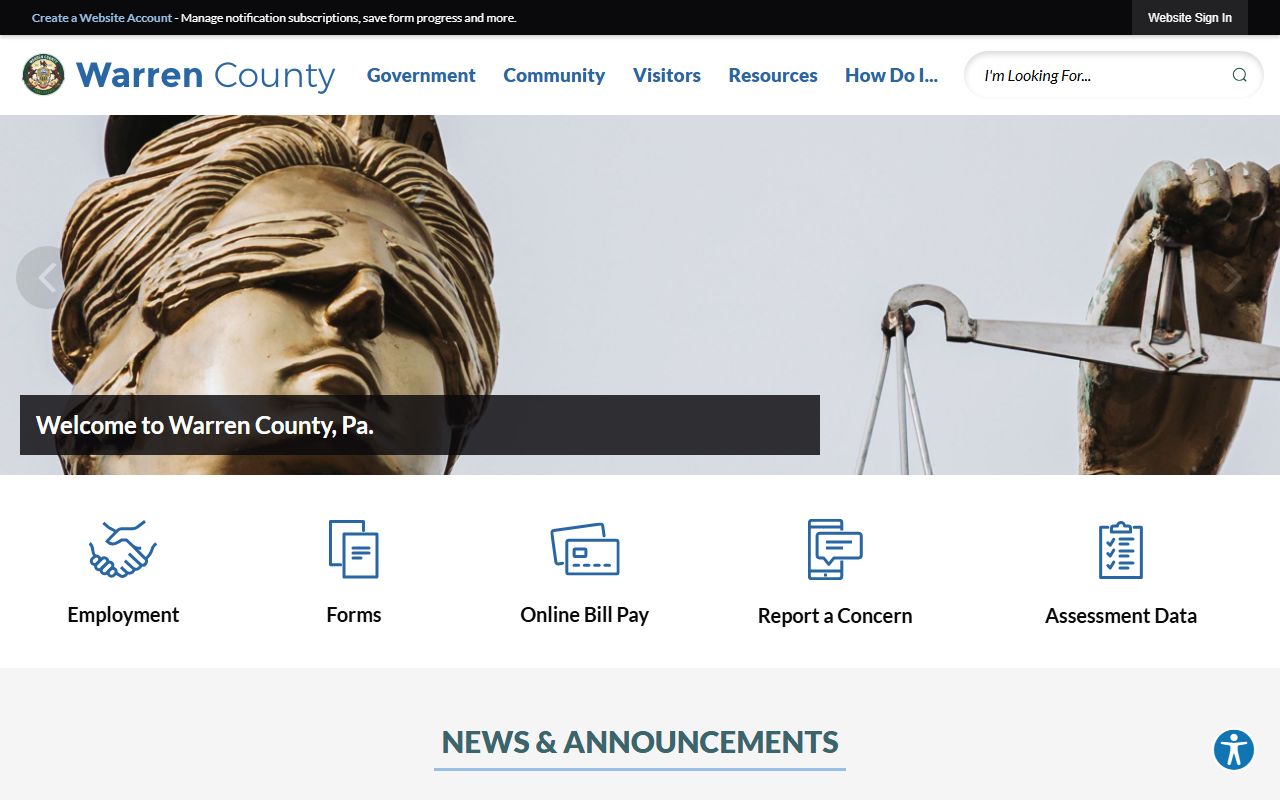 Warren County official website showing commissioner news, federal funding, and public services