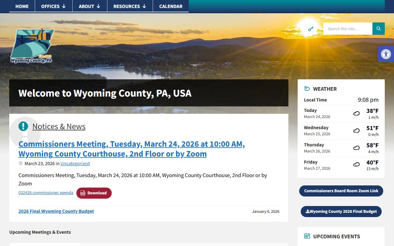 Wyoming County official website showing the Prothonotary office for divorce records