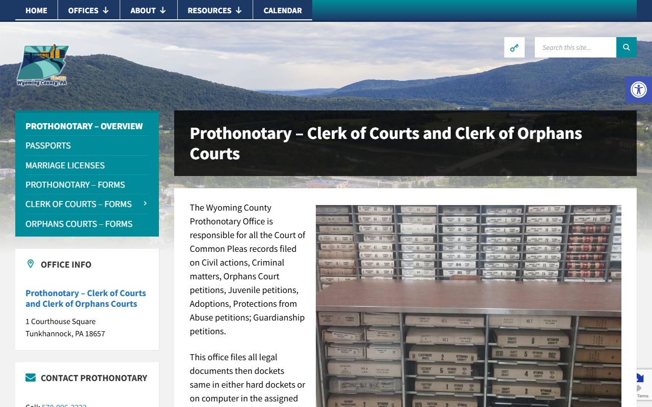 Wyoming County Prothonotary office page for accessing divorce records in Tunkhannock