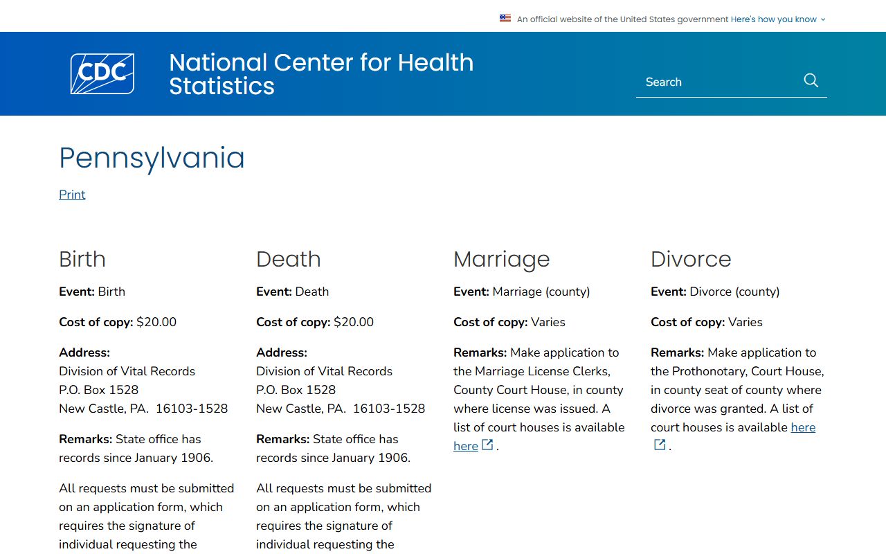 CDC vital records guide for Pennsylvania including Forest County divorce records