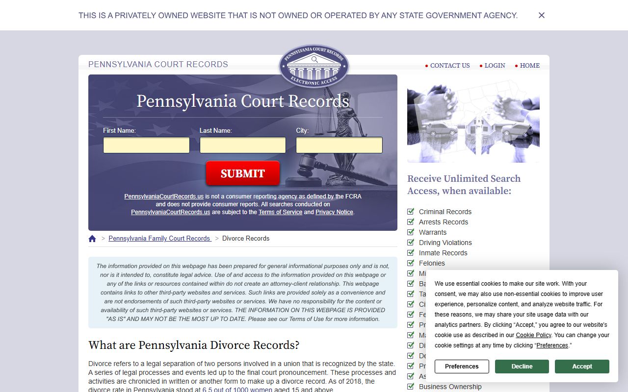 Pennsylvania court records resource for divorce filings and vital records