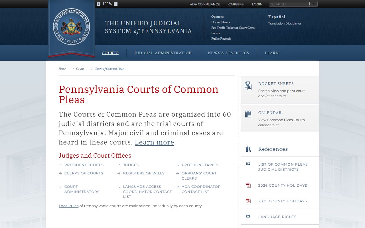 Pennsylvania Courts of Common Pleas information page showing how divorce cases are handled statewide