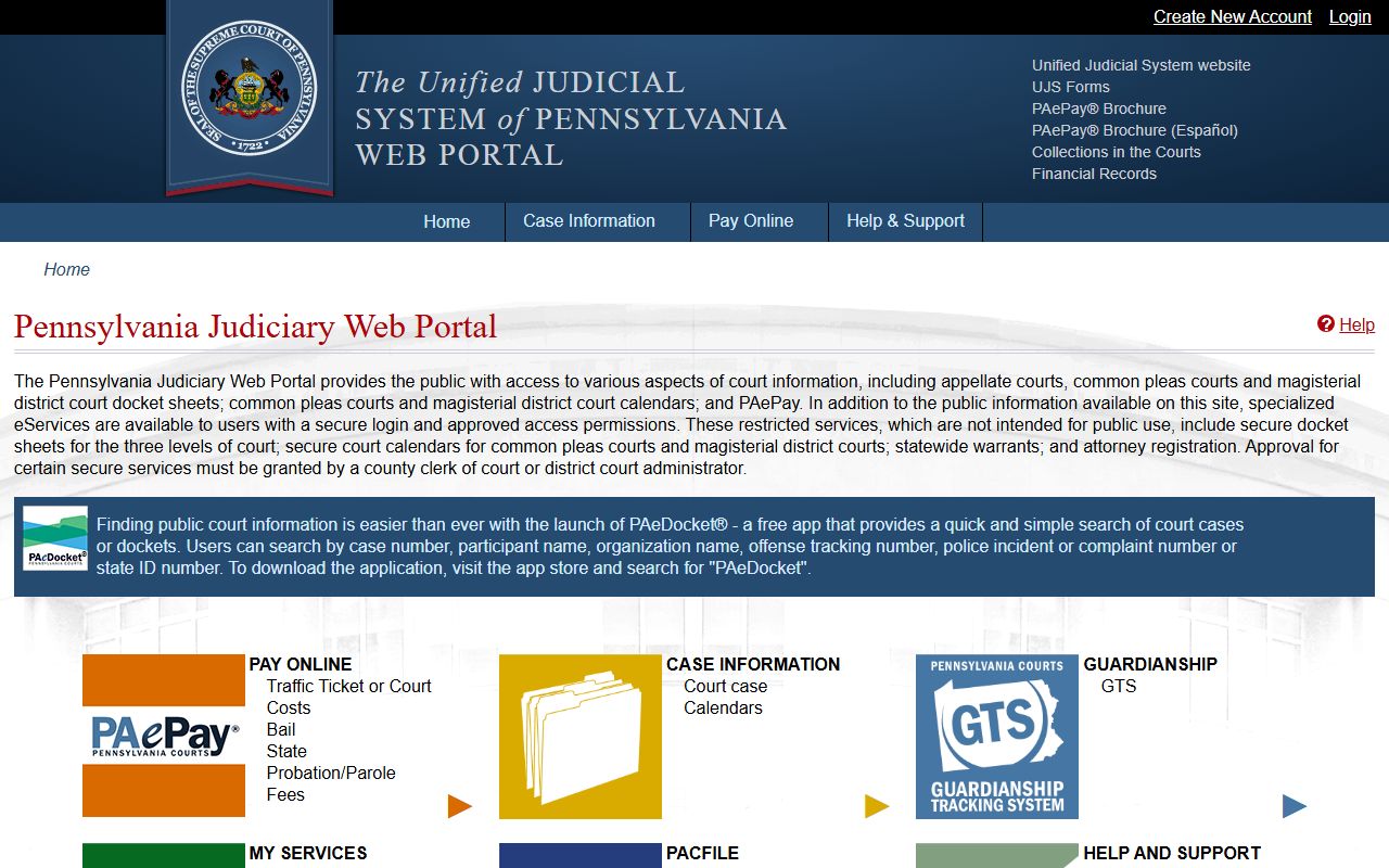 Pennsylvania Unified Judicial System portal for searching Reading divorce records